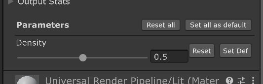 The InfinioInstance inspector showing the exposed Density parameter as a slider at 0.5