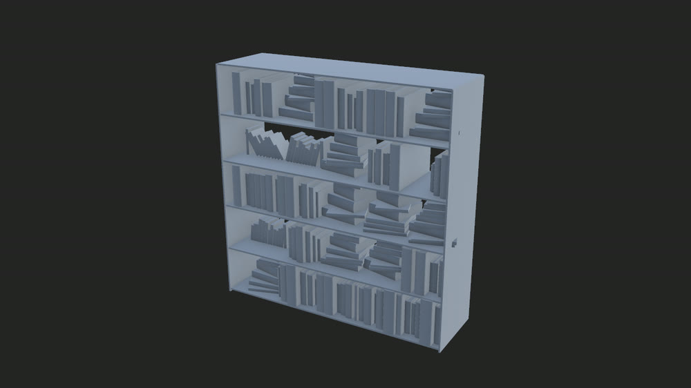 A generated bookcase, its shelves filled with chaotically stacked and leaning books
