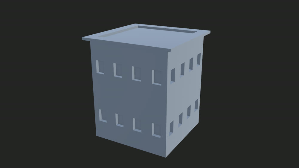 A generated building raised from a footprint drawn in the scene