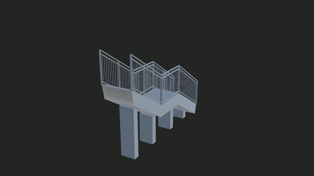 A generated concrete pedestrian staircase with metal handrails following a spline